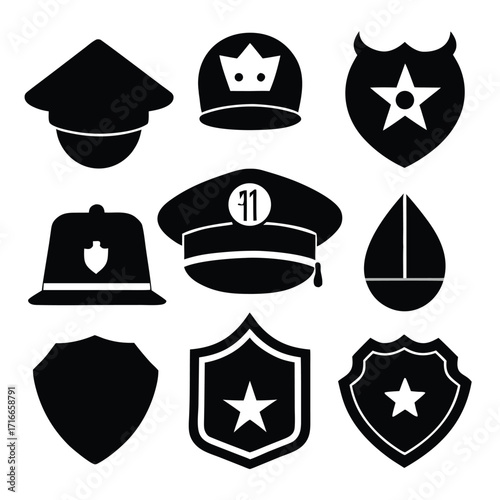 Police Icons Set Black Silhouette Vector of Hats, Badges, Stars, and Shields