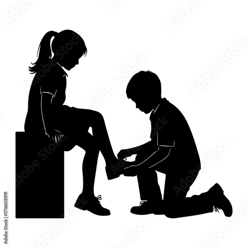 Boy tying girls shoe silhouette tying shoe