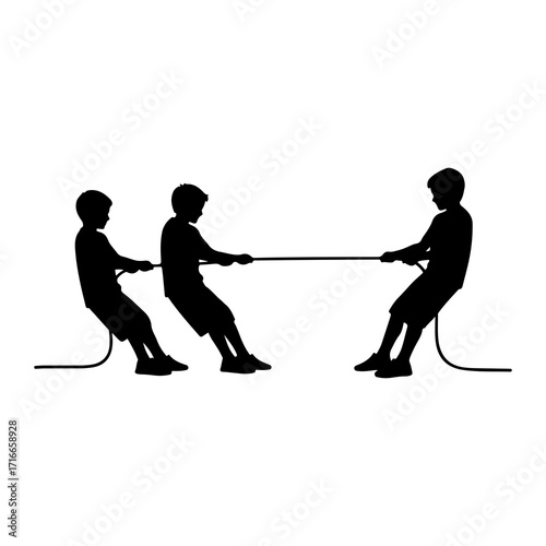 Boys tugging rope silhouette tug of war children