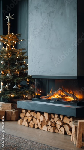 Cozy Living Room With Modern Fireplace and Christmas Tree Decorated With Ligh...