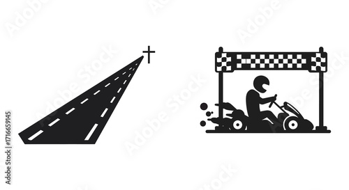 A minimalistic illustration of a kart racing track and a driver