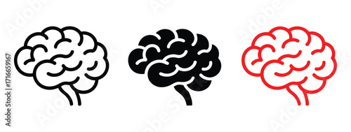 Set of three stylized brain illustrations in black, white, and red with cerebral folds, symbolizing cognition, anatomy, and mental function