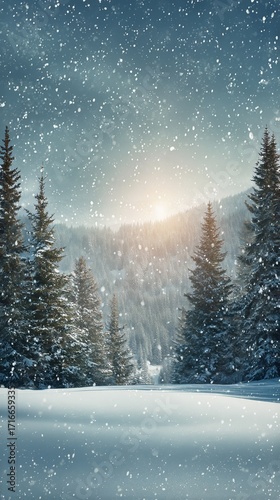Winter Morning Light Shines Through Snowy Trees in a Peaceful Landscape.