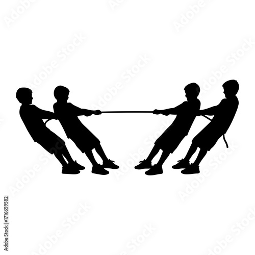 Children pulling rope in silhouette tug of war