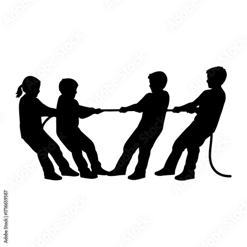 Children pulling rope silhouette kids black