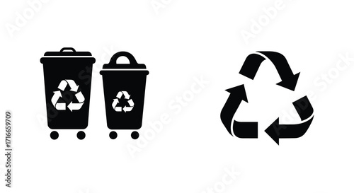 Black waste bins and recycling symbol illustration on white background