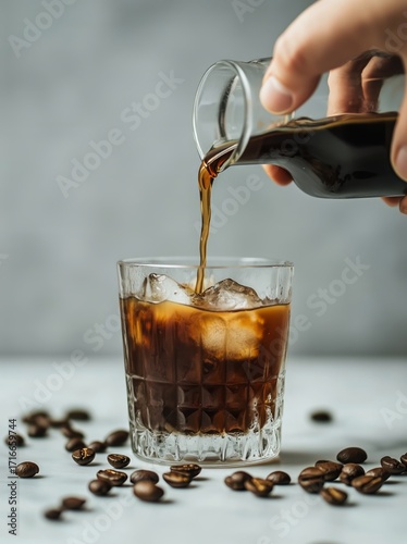 Pouring Cold Brew Coffee Over Ice in a Glass With Coffee Beans Nearby for a R...