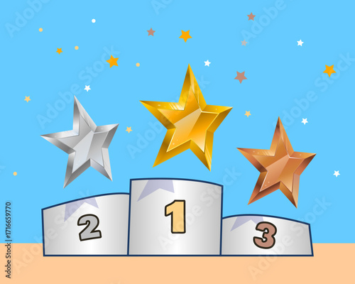 Vector illustration of winners podium with gold, silver and bronze stars, competition ranking and award ceremony concept, success, achievement and victory celebration design