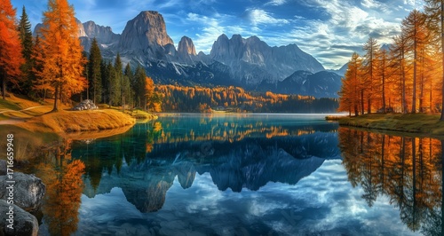 Beautiful Autumn Landscape With Mountains and Lake at Sunset in the Dolomites...