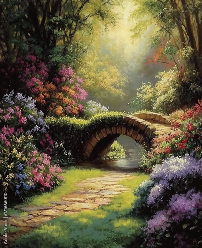Colorful Flowers Bloom Around a Tranquil Bridge in a Serene Garden During Gol...