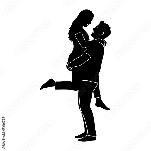 Couple embracing lifted in silhouette embrace black