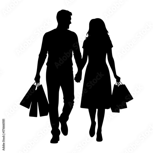 Couple holding hands carrying shopping bags walking