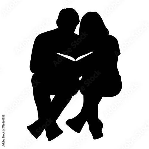Couple reading book together silhouette vector