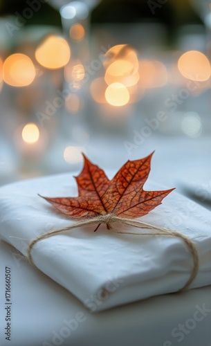 Elegant Table Setting With Autumn Leaf Centerpiece at a Cozy Gathering During...
