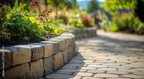 Garden Pathway With Stone Borders and Green Plants During Sunny Day.