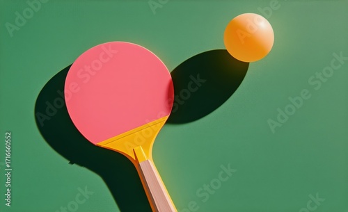 Table Tennis Paddle and Ball Set Against a Green Background During a Sunny Day