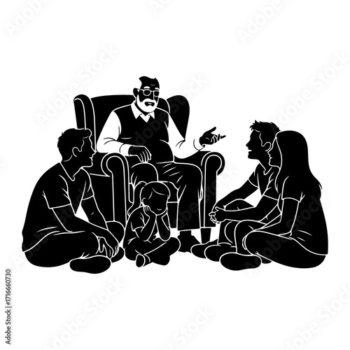 Elderly man telling story to family storytelling gathering