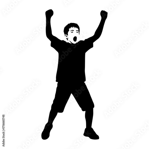 Excited boy cheering with arms raised silhouette