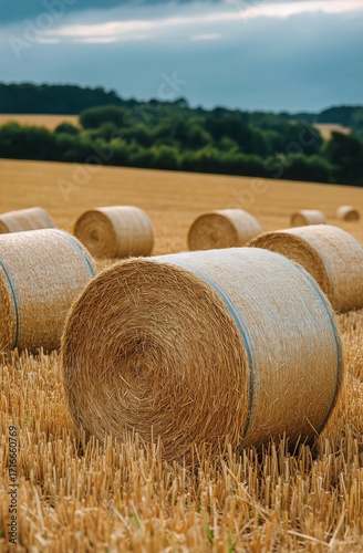 Golden Hay Bales Dotting the Serene Landscape During a Clear Day in Late Summer.