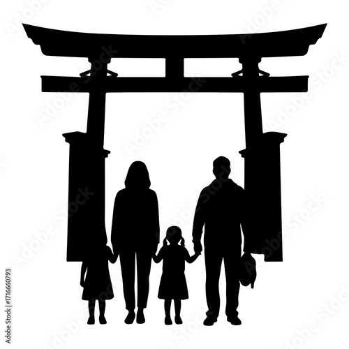 Family beneath torii gate silhouette parents children