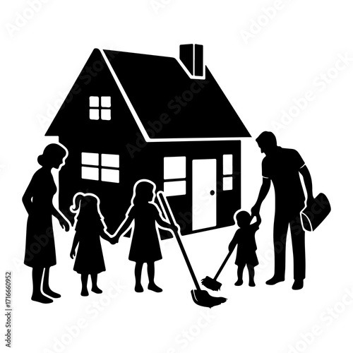 Family cleaning house with mop and broom vector
