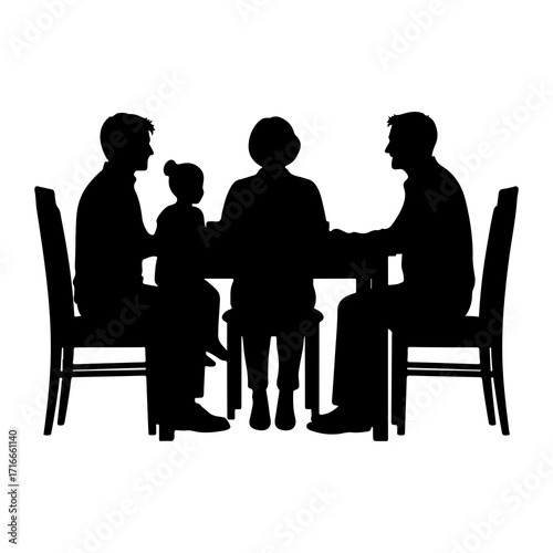 Family gathered around a table gathering chairs