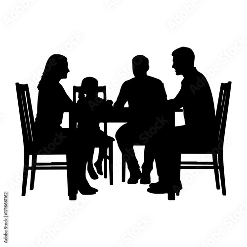 Family gathered around dining table gathering chairs