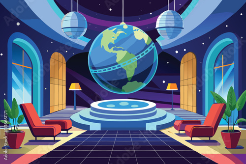 Vector art of retro futuristic museum hall with a rotating earth globe and disco balls in a pixel art style illustration