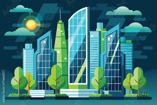 Vector art of modern city skyline with skyscrapers and green trees in a pixel art style illustration at night