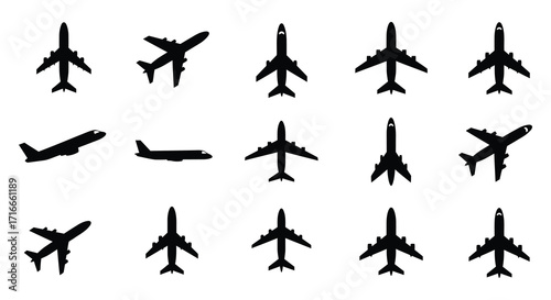 Silhouettes of various airplanes and jets in a black and white design