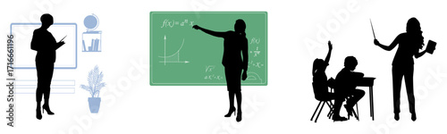 Back to school. Teacher and pupils silhouettes with school items on white background. Vector illustration.