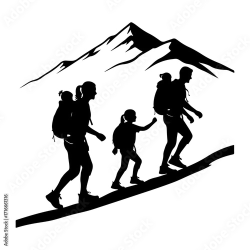 Family hiking up mountain silhouette climbing