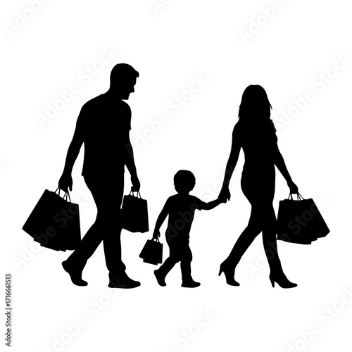 Family shopping silhouettes bags walking
