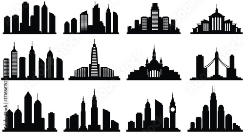 A collection of iconic city skylines in a black silhouette style