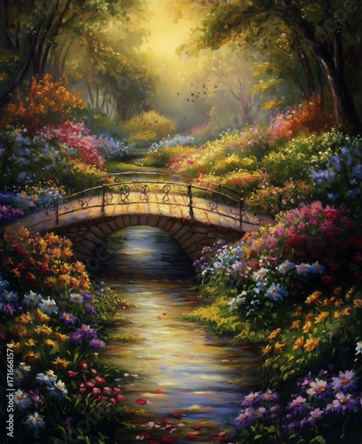 Colorful Flowers Bloom Around a Tranquil Bridge in a Serene Garden During Gol...