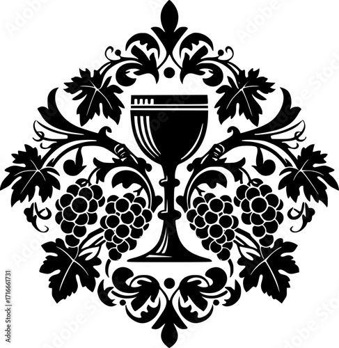 Wine Chalice with Grapevine Ornament, Black & White Vector
