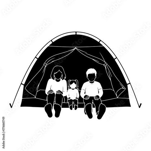 Family sitting inside a tent people camping
