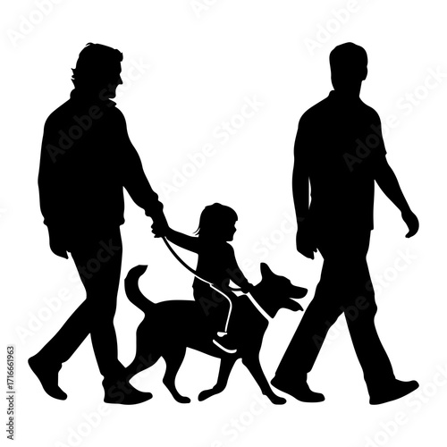 Family walking dog with child riding silhouette