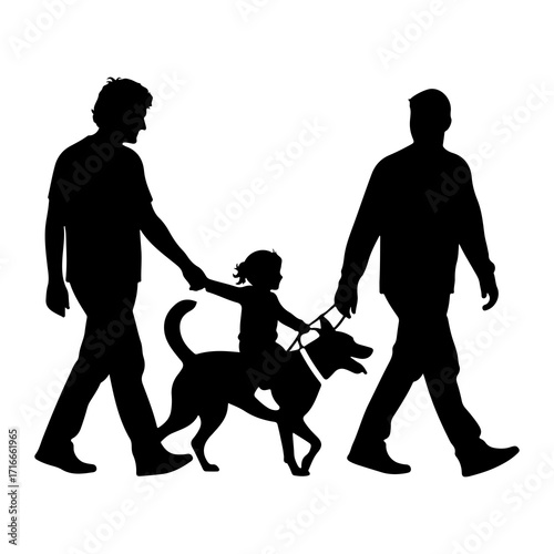 Family walking dog silhouette child
