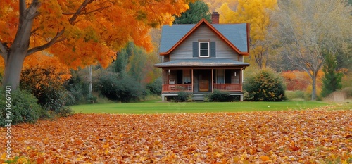 Charming House Surrounded by Vibrant Fall Leaves in a Peaceful Neighborhood S...