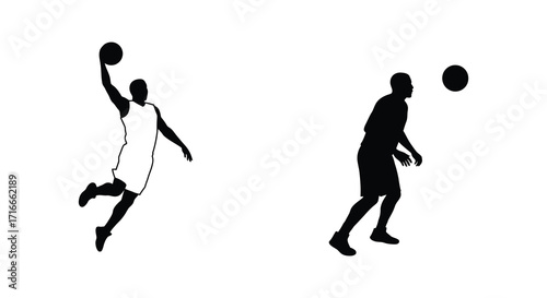 Silhouettes of basketball players in action shooting and dribbling the ball