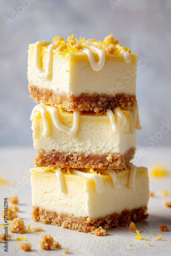 Stacking lemon cheesecake bars with frosting and zest