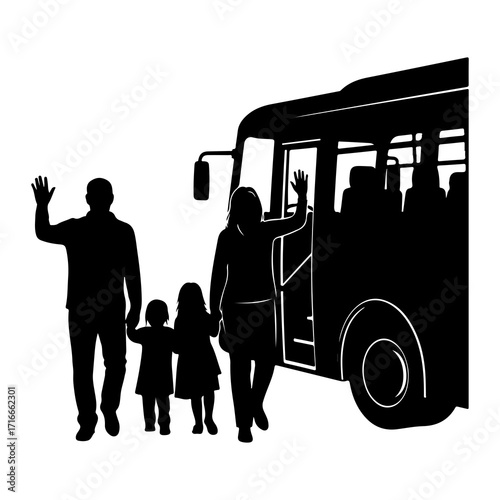 Family waving goodbye to bus children parents