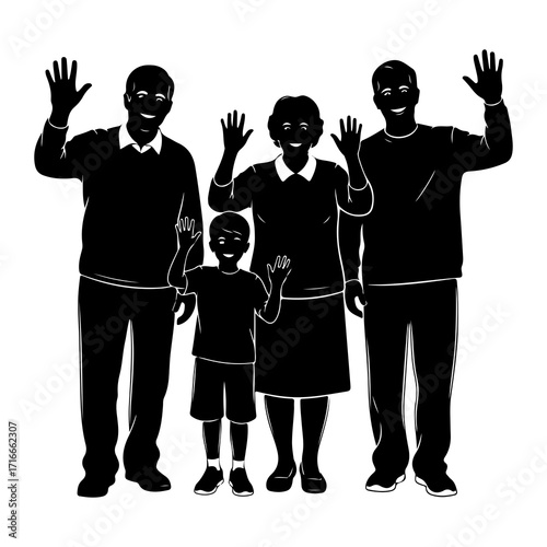 Family waving greeting people adults