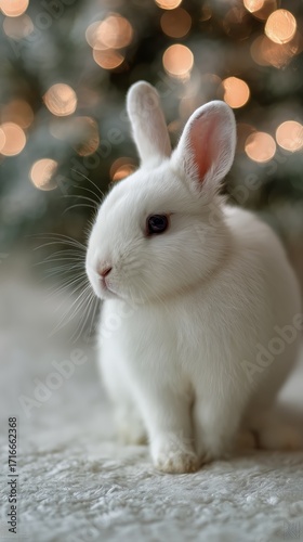 White Rabbit Sitting Peacefully in Front of Sparkling Holiday Lights During a...