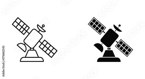 Black and white line art depiction of a communication satellite in space