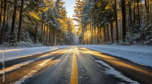 Beautiful Winter Sunrise Over a Snow-Covered Road in a Peaceful Forest Setting.