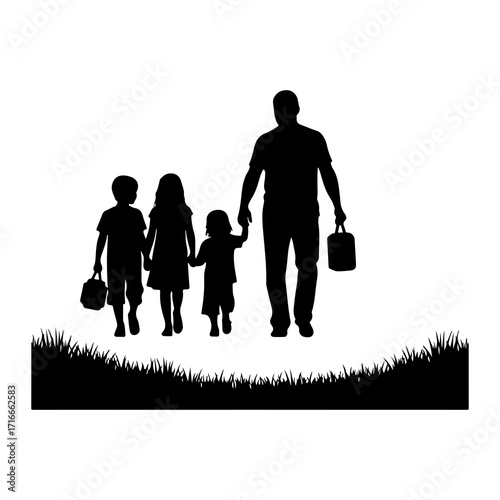 Father and children walking with bags holding hands