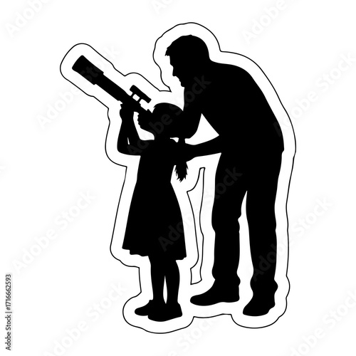 Father and daughter observing stars silhouette telescope