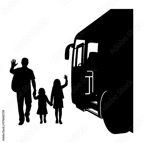 Father and daughters waving goodbye to bus vector